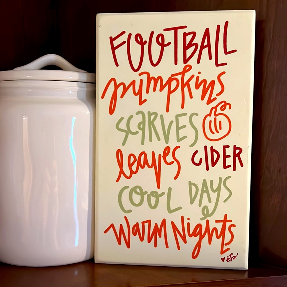 Fall Wooden Sign Football Pumpkins Scarves Leaves Cider Cool Days warm Nights